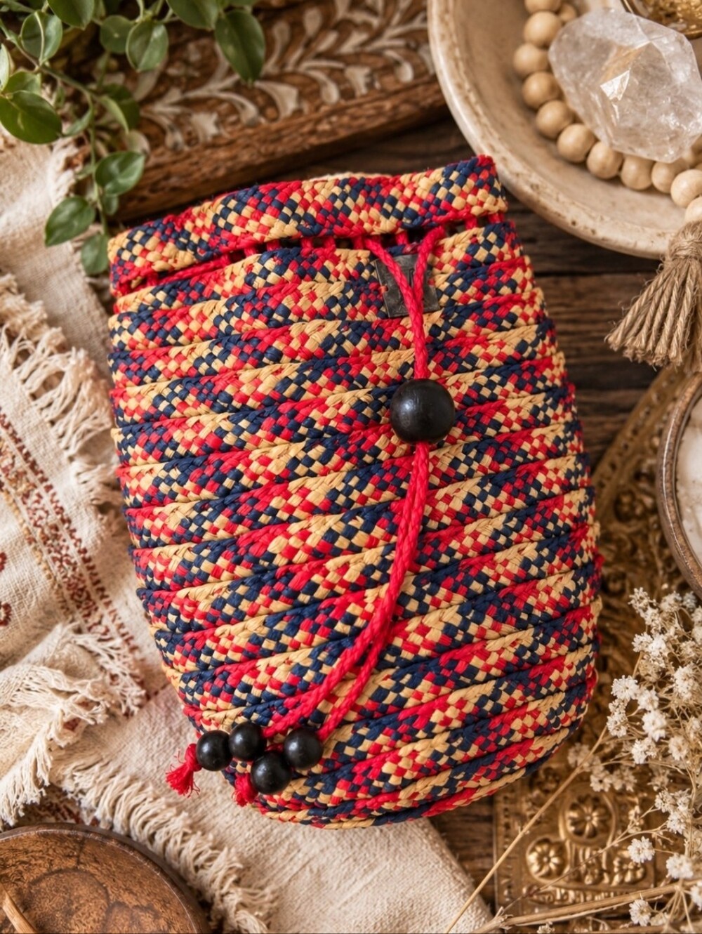4/$15 Colorful Woven Raffia Mini Bucket Bag Red Navy Beaded Boho Cottagecore